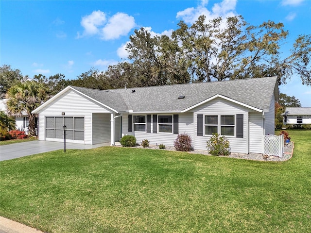 ranch-style house with a garage and a front lawn