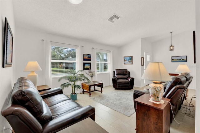 living room featuring lofted ceiling and a textured ceiling