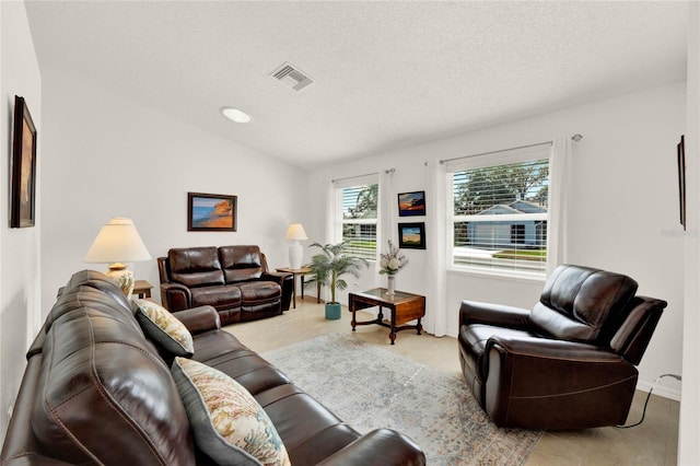 living room with lofted ceiling and a textured ceiling