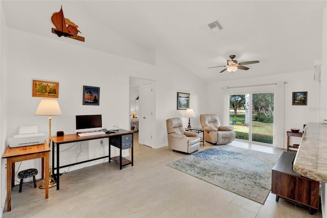 living room featuring ceiling fan and high vaulted ceiling