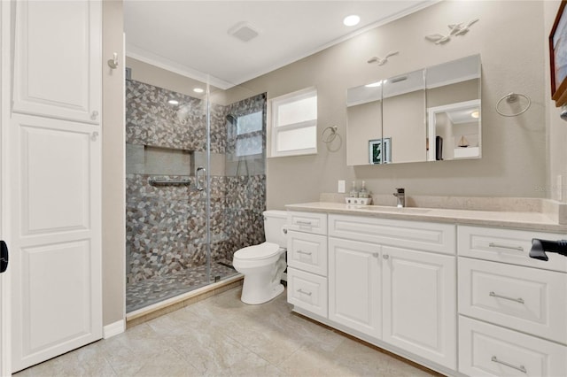 bathroom featuring vanity, crown molding, a shower with shower door, and toilet