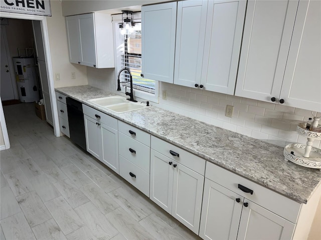 kitchen with sink, white cabinetry, black dishwasher, and water heater