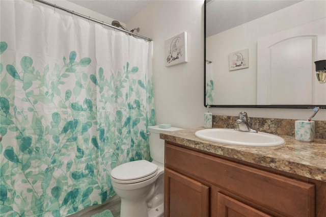 bathroom featuring vanity, a shower with curtain, and toilet