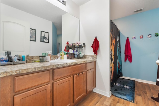 bathroom with hardwood / wood-style flooring and vanity