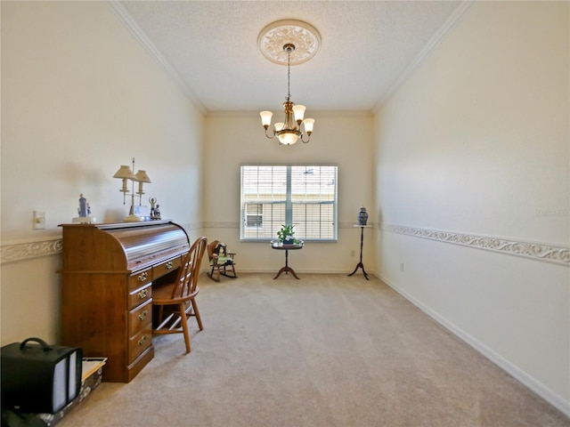 office area featuring crown molding, carpet flooring, a notable chandelier, and a textured ceiling