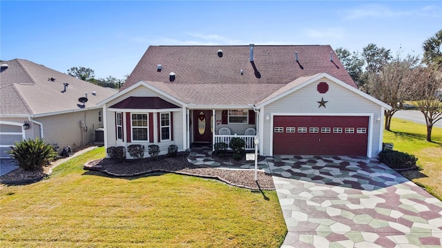 view of front of house featuring central AC unit, covered porch, and a front yard