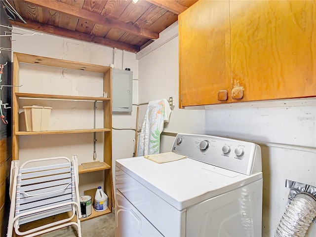 laundry room featuring cabinets, washer / clothes dryer, and wooden ceiling