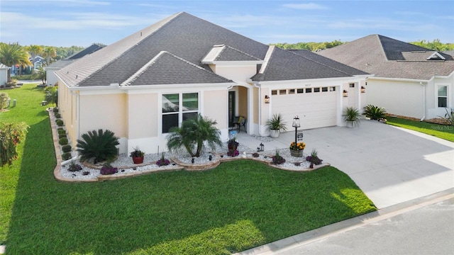 5857 Mackenzie Ave, The Villages, FL 32163 - single story home with driveway, a garage, a front yard, roof with shingles, and stucco siding