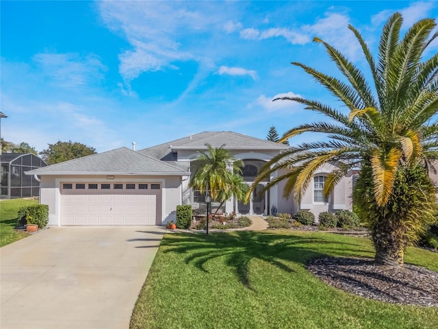 view of front facade featuring a front yard and a garage