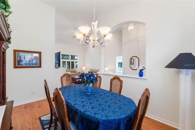 dining room featuring wood-type flooring and a notable chandelier