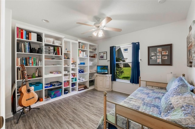 living area with ceiling fan and wood-type flooring