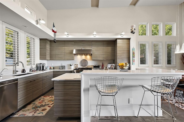 kitchen with a high ceiling, dishwasher, extractor fan, sink, and a kitchen breakfast bar