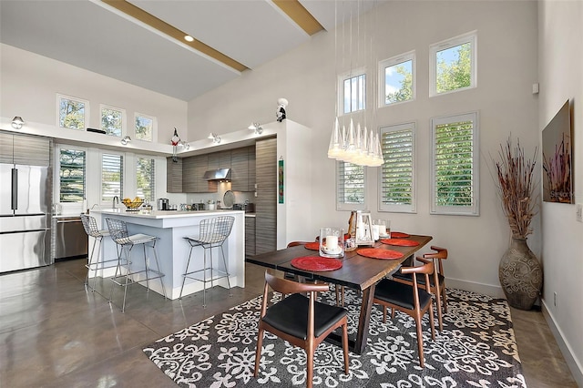 dining room with a high ceiling