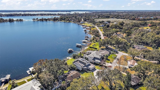 drone / aerial view with a water view