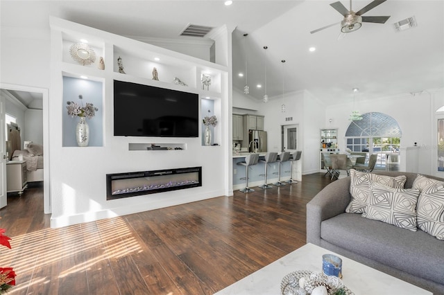 living room featuring ceiling fan, dark hardwood / wood-style floors, built in features, and high vaulted ceiling