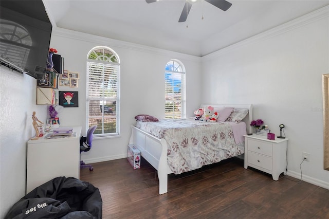 bedroom featuring dark wood-type flooring, ceiling fan, and a tray ceiling