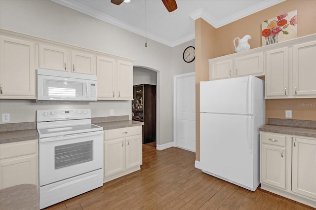 kitchen with ceiling fan, white appliances, and white cabinets