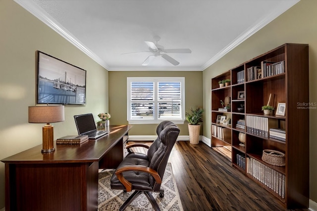 office area featuring crown molding, dark wood-type flooring, and ceiling fan