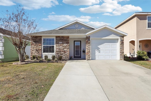 single story home with a garage and a front lawn