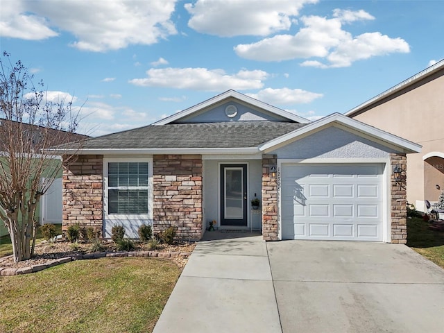 single story home with a garage and a front yard