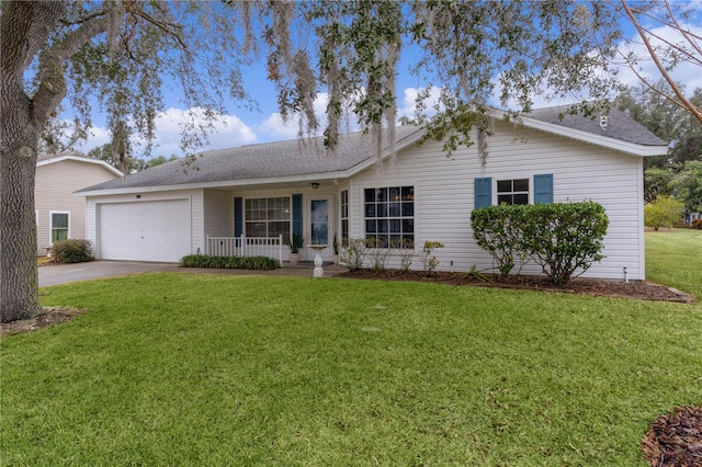 single story home with a garage, a front lawn, and covered porch