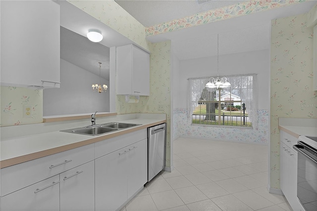 kitchen with decorative light fixtures, dishwasher, a chandelier, and white cabinets