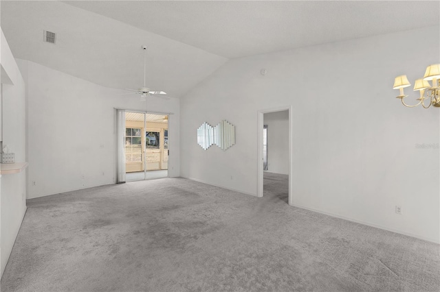 empty room with carpet, high vaulted ceiling, and ceiling fan