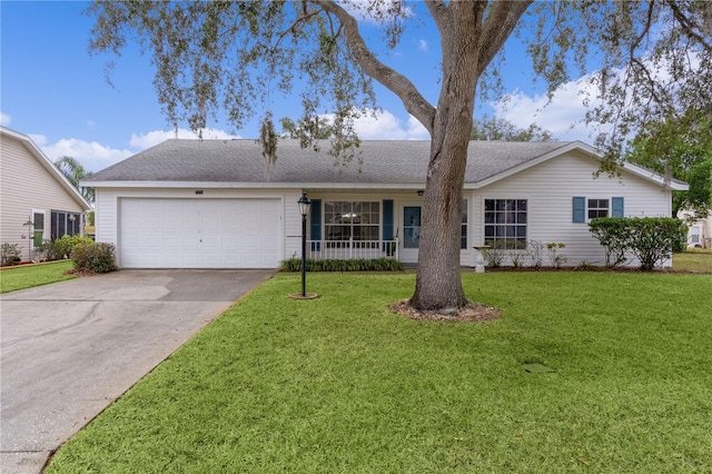 ranch-style house with a porch, a garage, and a front lawn