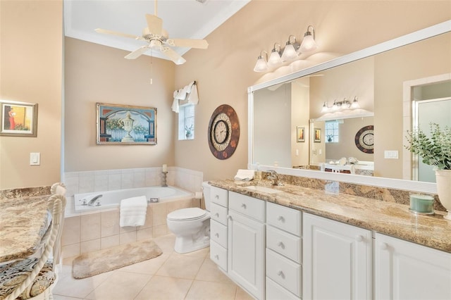 bathroom with tile patterned flooring, vanity, ornamental molding, and tiled tub