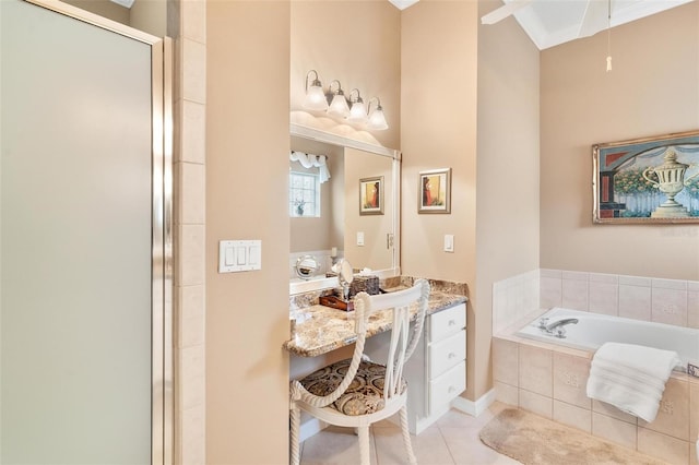 bathroom with tile patterned flooring, plus walk in shower, ornamental molding, and vanity