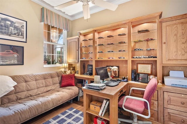 home office with ornamental molding, dark hardwood / wood-style floors, and ceiling fan