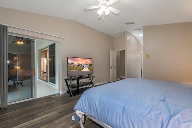 bedroom featuring ceiling fan, dark wood-type flooring, and vaulted ceiling