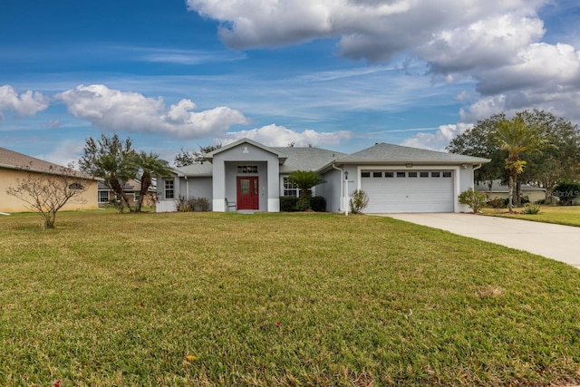 ranch-style house with a garage and a front lawn