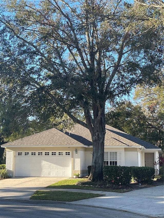 view of front of property with a garage, driveway, a shingled roof, and stucco siding