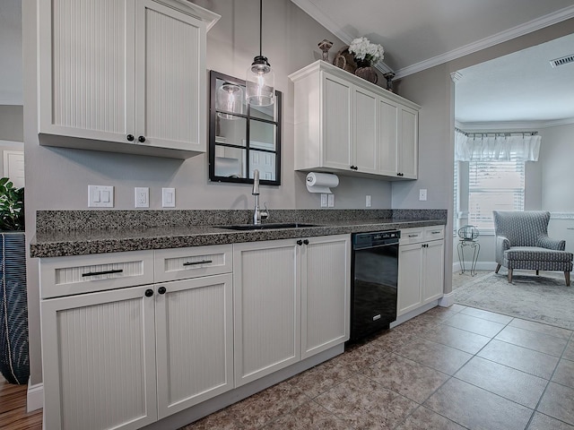 kitchen featuring light tile patterned floors, decorative light fixtures, ornamental molding, white cabinets, and sink