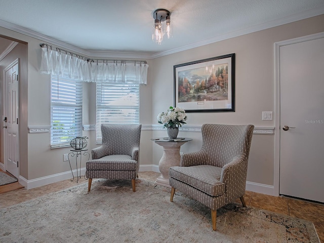 living area with crown molding and tile patterned floors