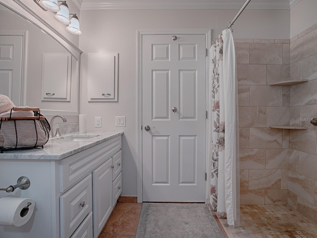 bathroom featuring vanity, crown molding, and a shower with shower curtain