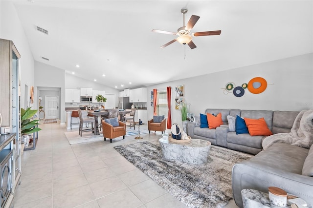 13557 Willow Bluestar Loop, Riverview, FL 33579 - living room with light tile patterned flooring, visible vents, recessed lighting, a ceiling fan, and vaulted ceiling