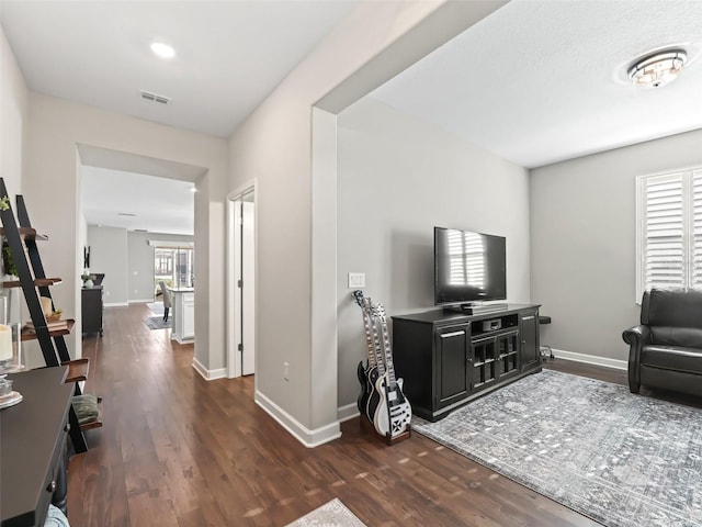 living room featuring dark wood-type flooring