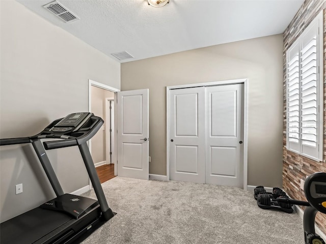 exercise area featuring carpet flooring, a wealth of natural light, and a textured ceiling