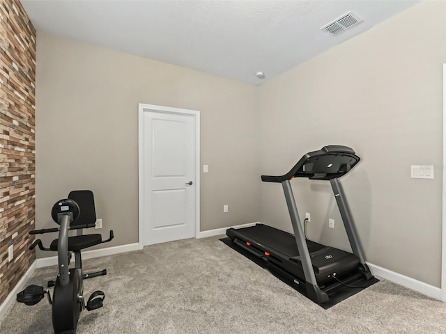 exercise room featuring light carpet