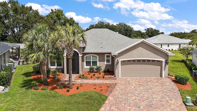 view of front of property with a garage and a front yard