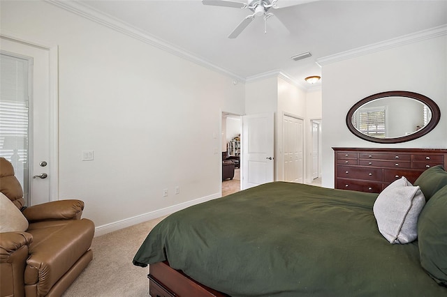 bedroom featuring ceiling fan, light carpet, and ornamental molding