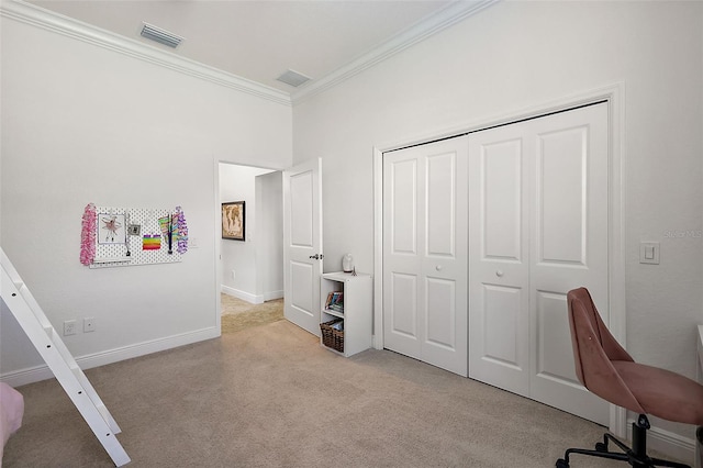 carpeted office space featuring crown molding