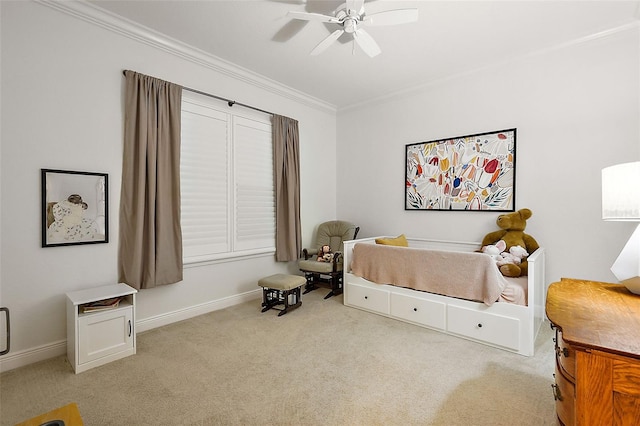 bedroom featuring ceiling fan, light carpet, and ornamental molding