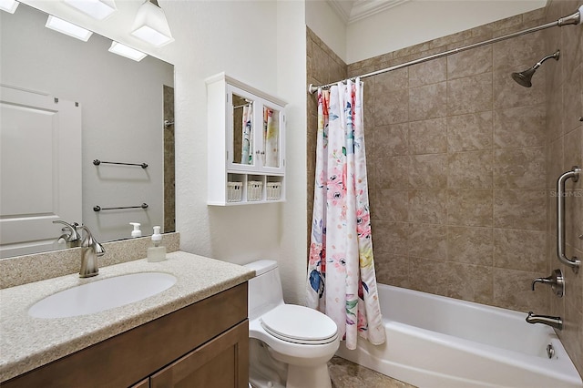 full bathroom with toilet, vanity, and shower / bathtub combination with curtain