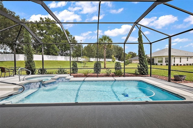 view of swimming pool with a lanai, a patio area, a yard, and an in ground hot tub