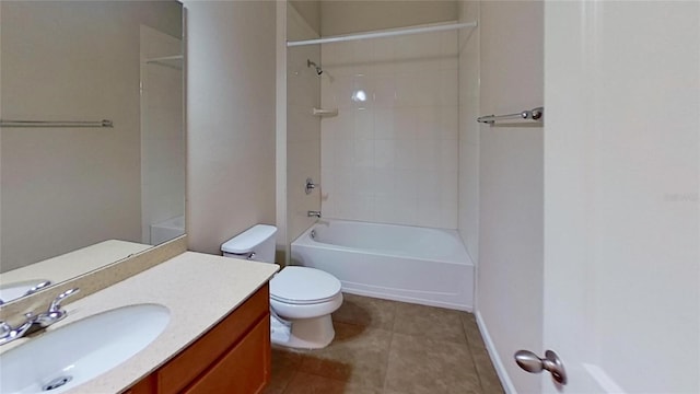 full bathroom featuring toilet, vanity,  shower combination, and tile patterned flooring