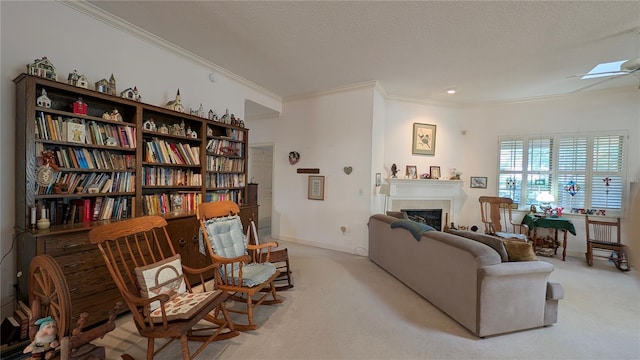 carpeted living room with ceiling fan, a textured ceiling, and crown molding