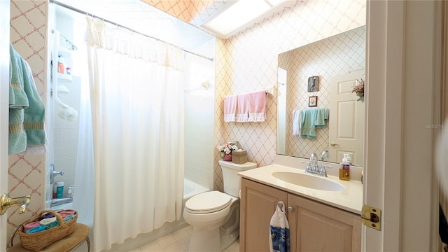 full bathroom featuring toilet, vanity, shower / bathtub combination with curtain, and tile patterned flooring